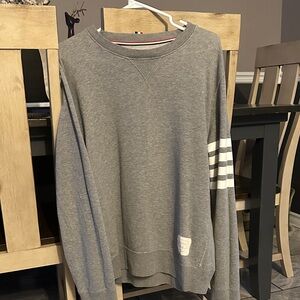 Thom Browne Gray Crewneck Sweater with White Stripes